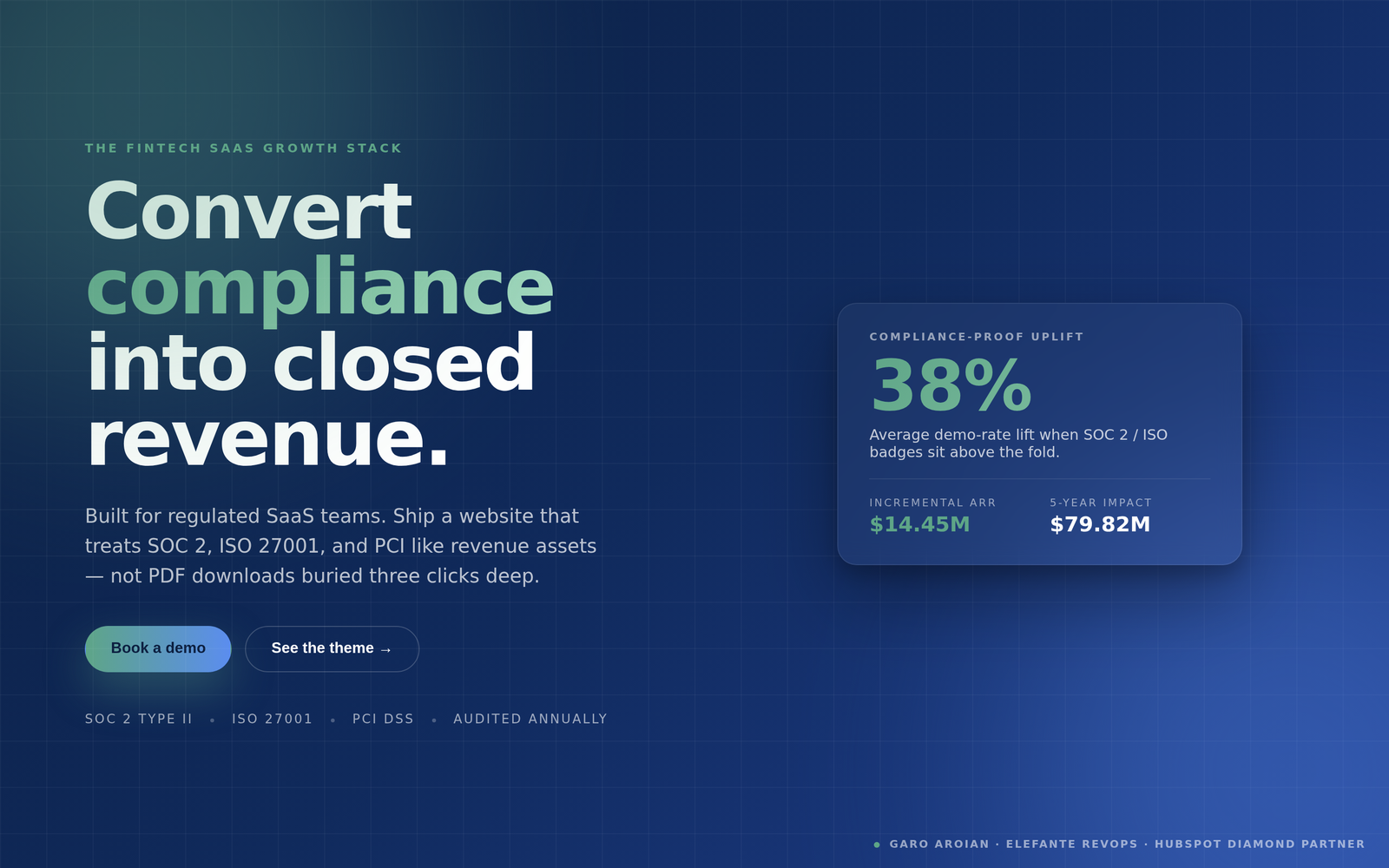 Compliance-first home page with SOC 2 trust strip, metric hero, and audit timeline.